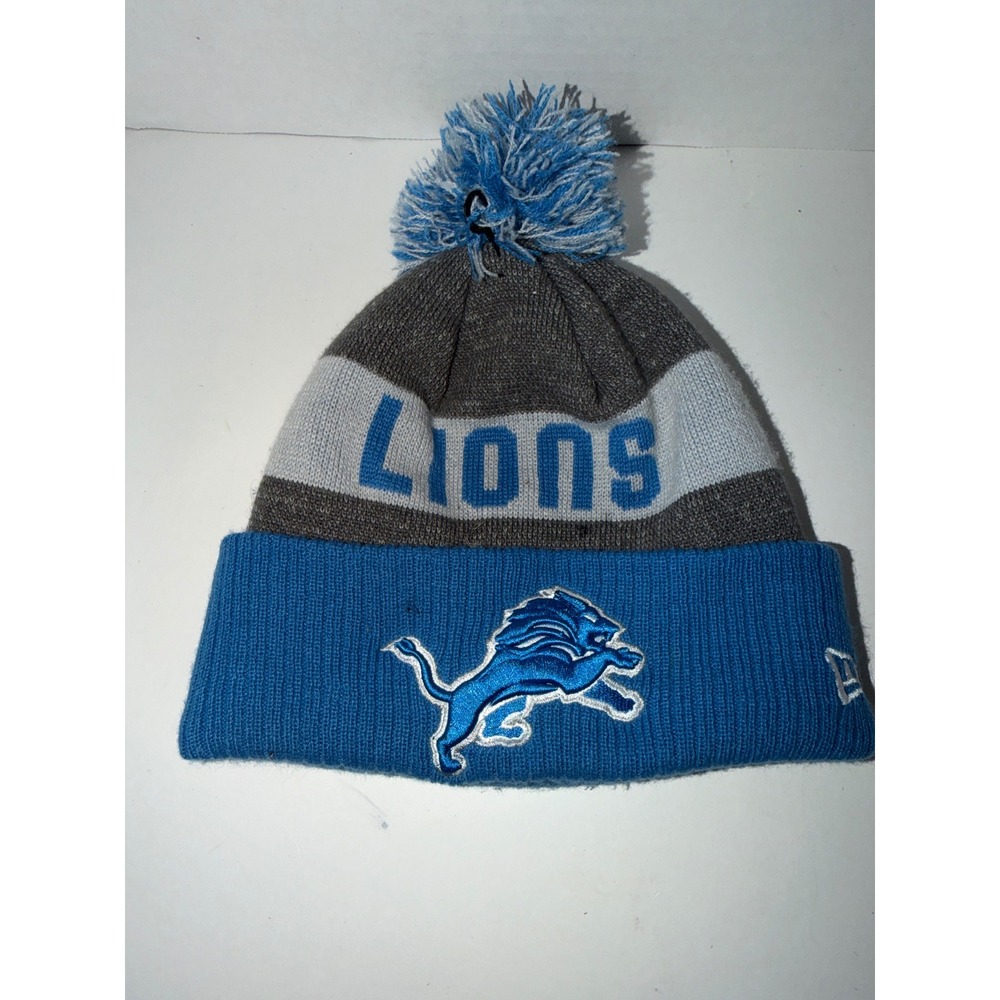 Detroit Lions NFL New Era Knit Beanie Hat Blue Grey Pom Cuffed Winter Cap Mens